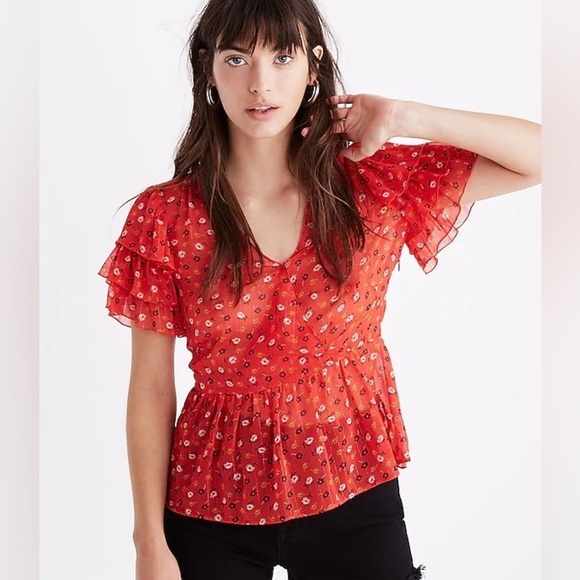 Madewell Tiered-Sleeve Peplum Top in Metallic Prairie Posies size 6 - Picture 2 of 15